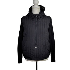 Vintage Reebok Quilted Sweater Jacket Small Black 1/2 Zip Hooded Pullover
